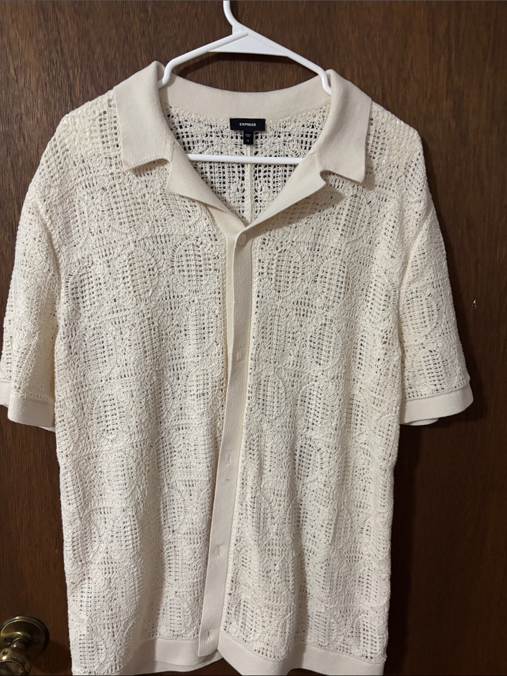 Express Men's Cream Open-Knit Short-Sleeve Shirt Jacket